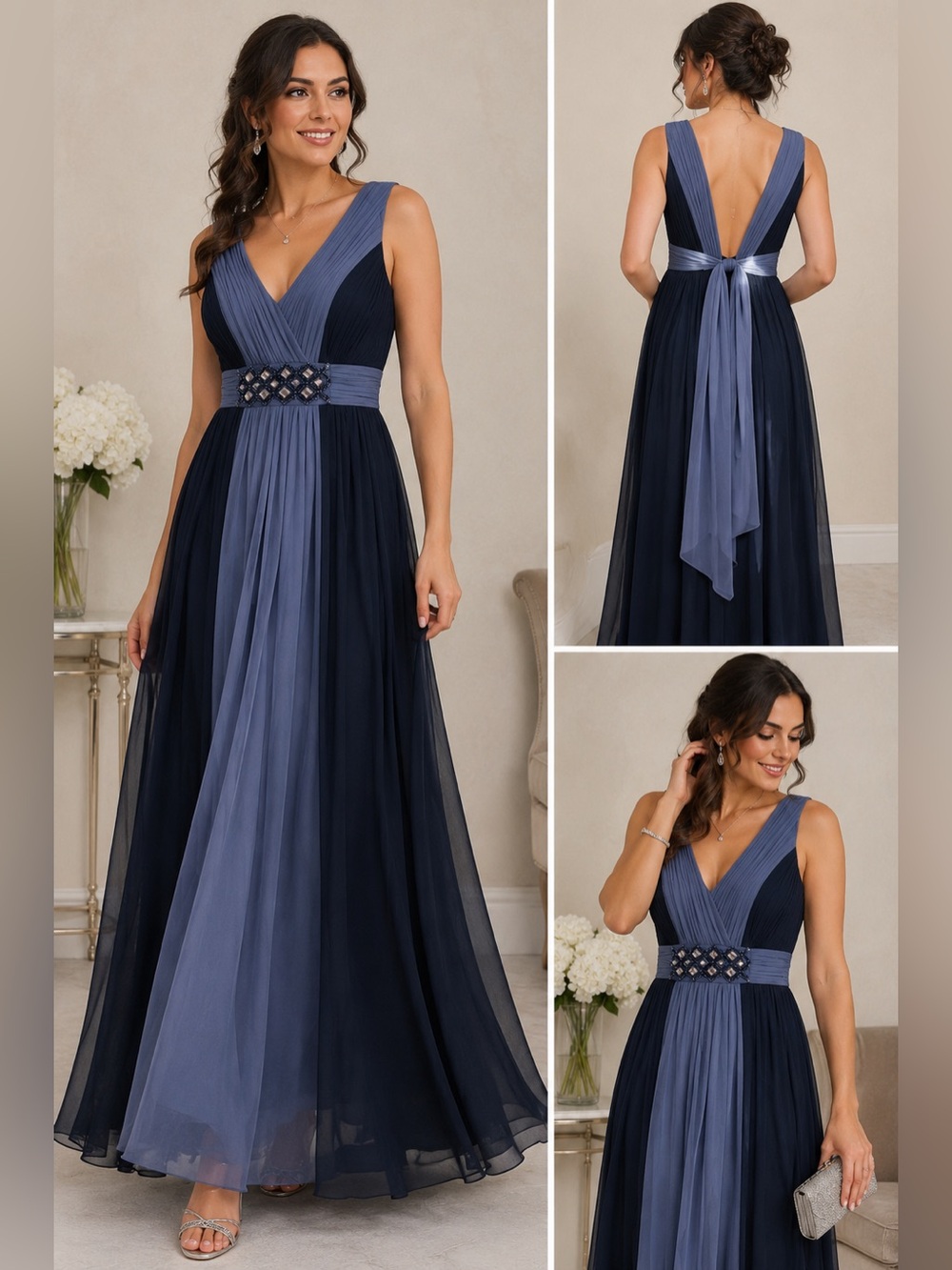 Oleg Cassini Silk Colorblock Beaded Evening Gown Dress Size 6 Navy Blue